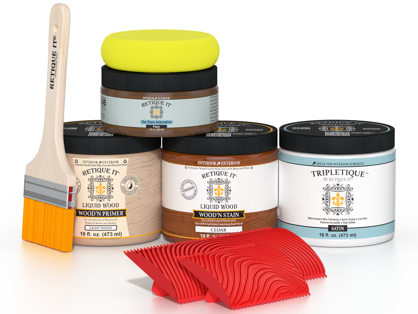 Cedar-colored Multi-purpose Wood'n Kit by Retique It® for interior top coat, includes wood finish and application tools.