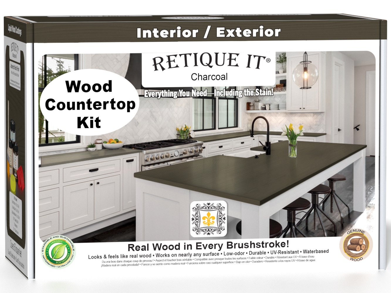Retique It® charcoal countertop kit for kitchen islands, featuring stain samples and application tools for stylish home upgrades.