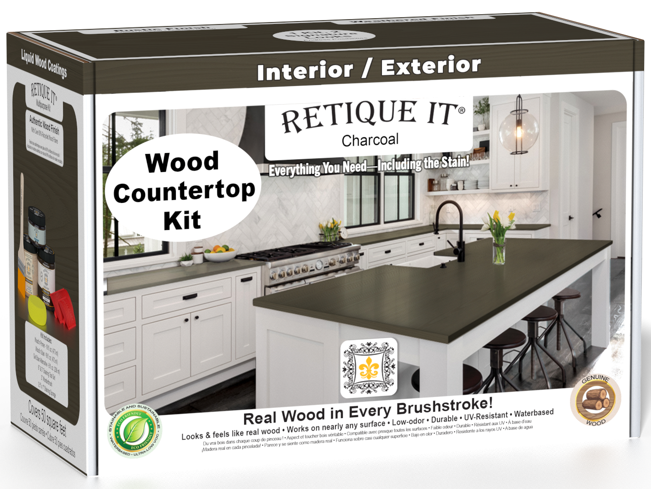 Retique It® charcoal countertop kit for kitchen island, featuring stain application and finishing options for a stylish look.