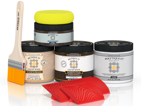 Retique It® Wood'n Kit Medium Charcoal exterior top coat in a glossy finish with a wooden palette and applicator brush.