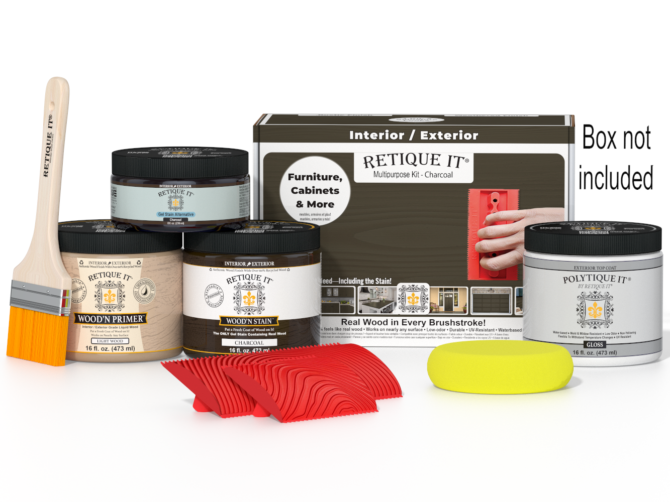 Retique It® Wood'n Finish Kit in charcoal for exterior wood projects, featuring a multi-purpose top coat in a boxed kit.