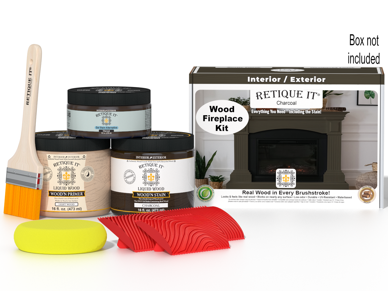 Retique It® Fireplace Wood'n Finish Kit in Charcoal for full fireplace staining, including stains and application tools.