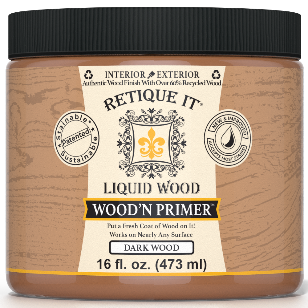 Retique It® Liquid Wood Wood'n Primer in dark wood finish, 16 fl oz, applied on a surface for wood-like finishing.