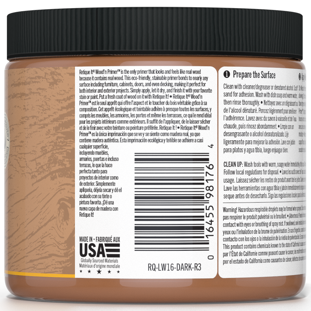 Retique It® Liquid Wood Wood'n Primer in dark wood finish, 16 fl oz, shown in the image with dark wood texture and application tools.