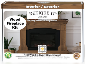 Retique It® Fireplace Wood'n Finish Kit in Dark Oak stain, full fireplace project with stain bottles and applicator tools.