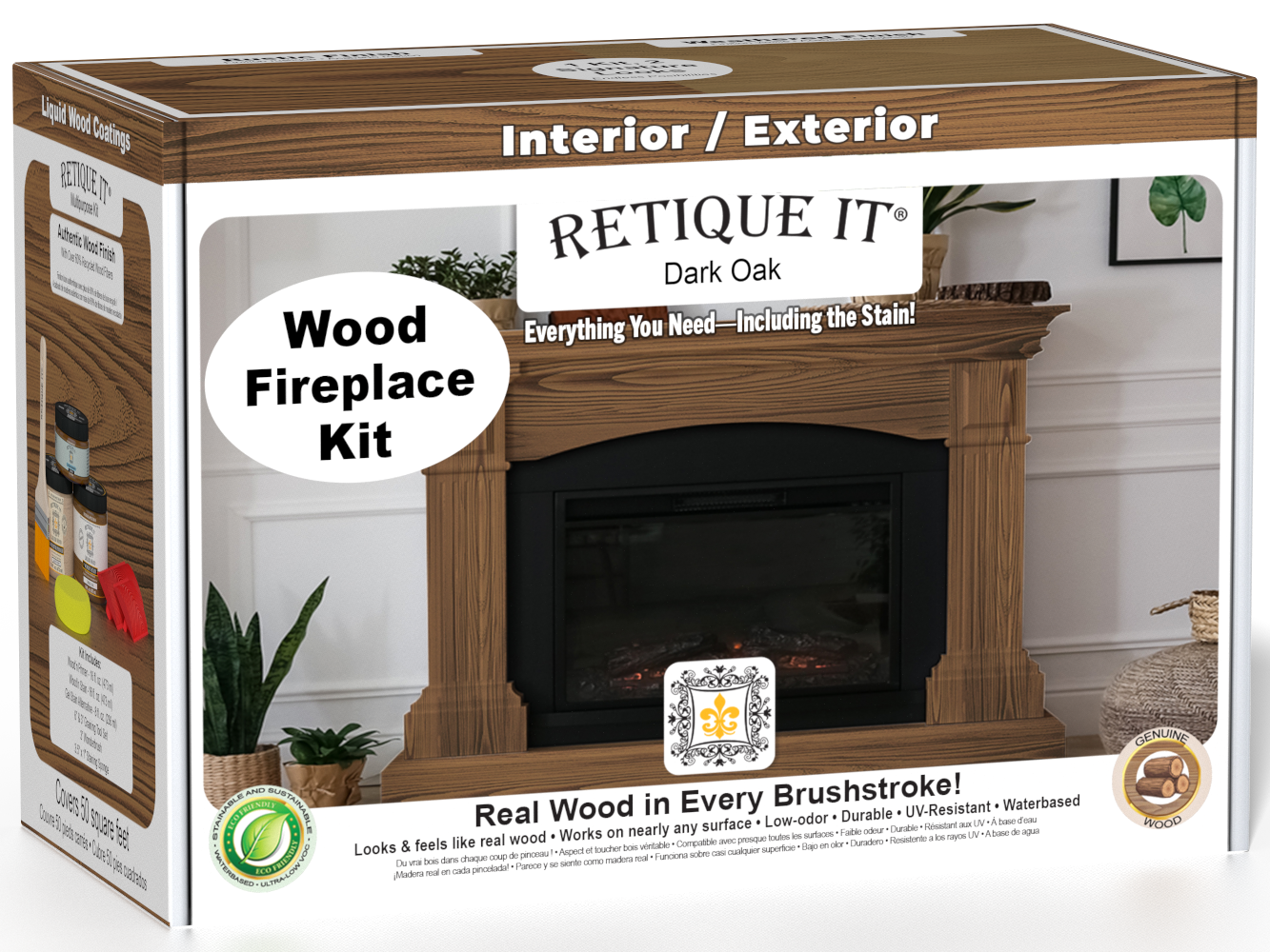 Retique It® Wood'n Finish Kit for fireplaces in dark oak stain, shown with stain bottles and application tools for full fireplace finishing.