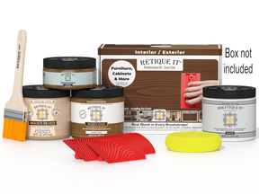 Retique It® Wood'n Kit in Dark Oak for exterior top coating, showing a box with wood finish products and tools inside.
