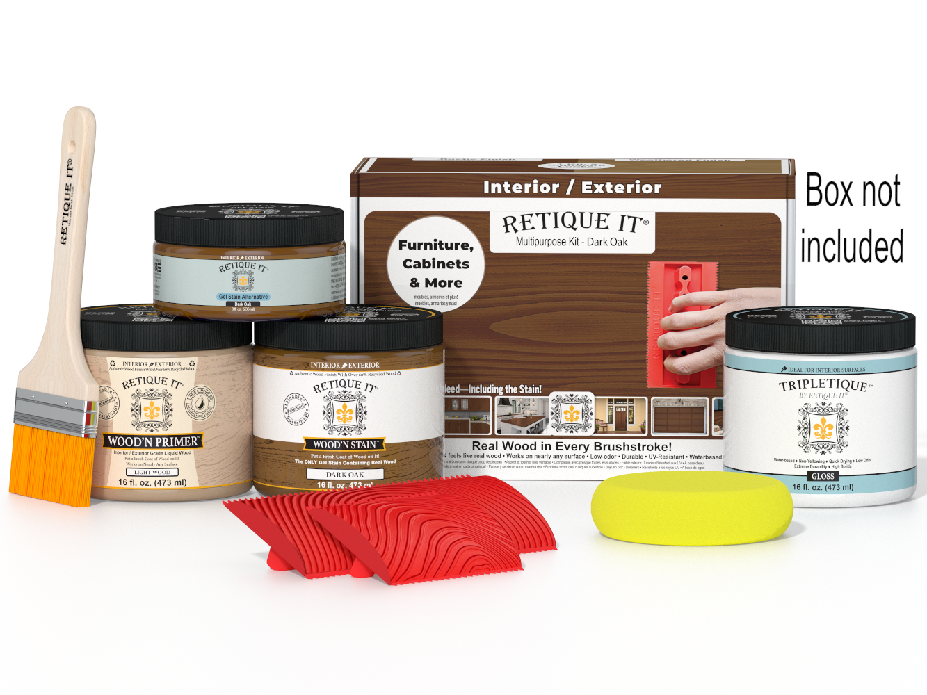 Retique It® Wood'n Finish Kit in Dark Oak for interior wood projects, featuring top coat and application supplies.