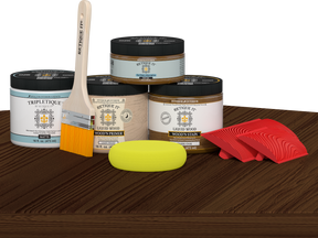 Dark oak countertop kit by Retique It® for kitchen island, featuring stain application on a wooden surface.