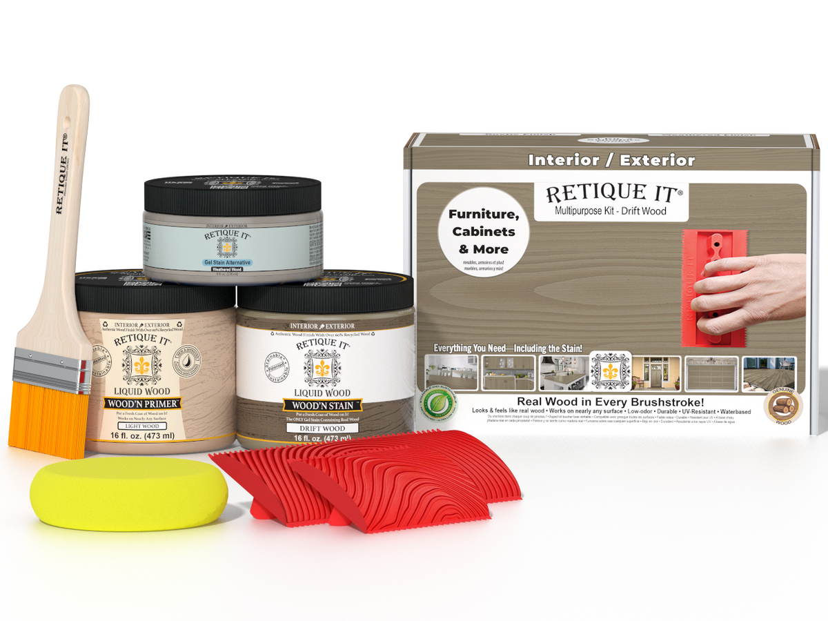 Multi-purpose Wood'n Kit in Drift Wood finish by Retique It®, featuring wood finishing tools and supplies.