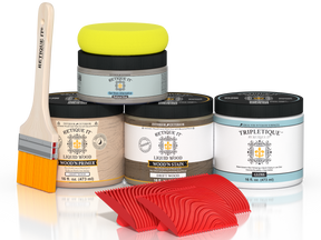 Gloss finish of Retique It® Wood'n Kit in driftwood for interior wood projects, showing the medium-sized kit with applicator.