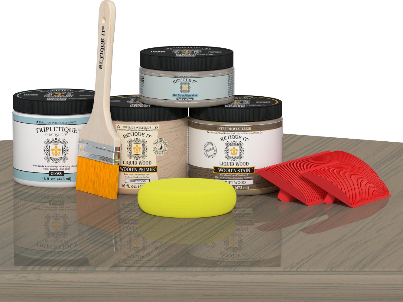 Weathered wood countertop kit for kitchen island by Retique It®, featuring stain application on a wooden surface.