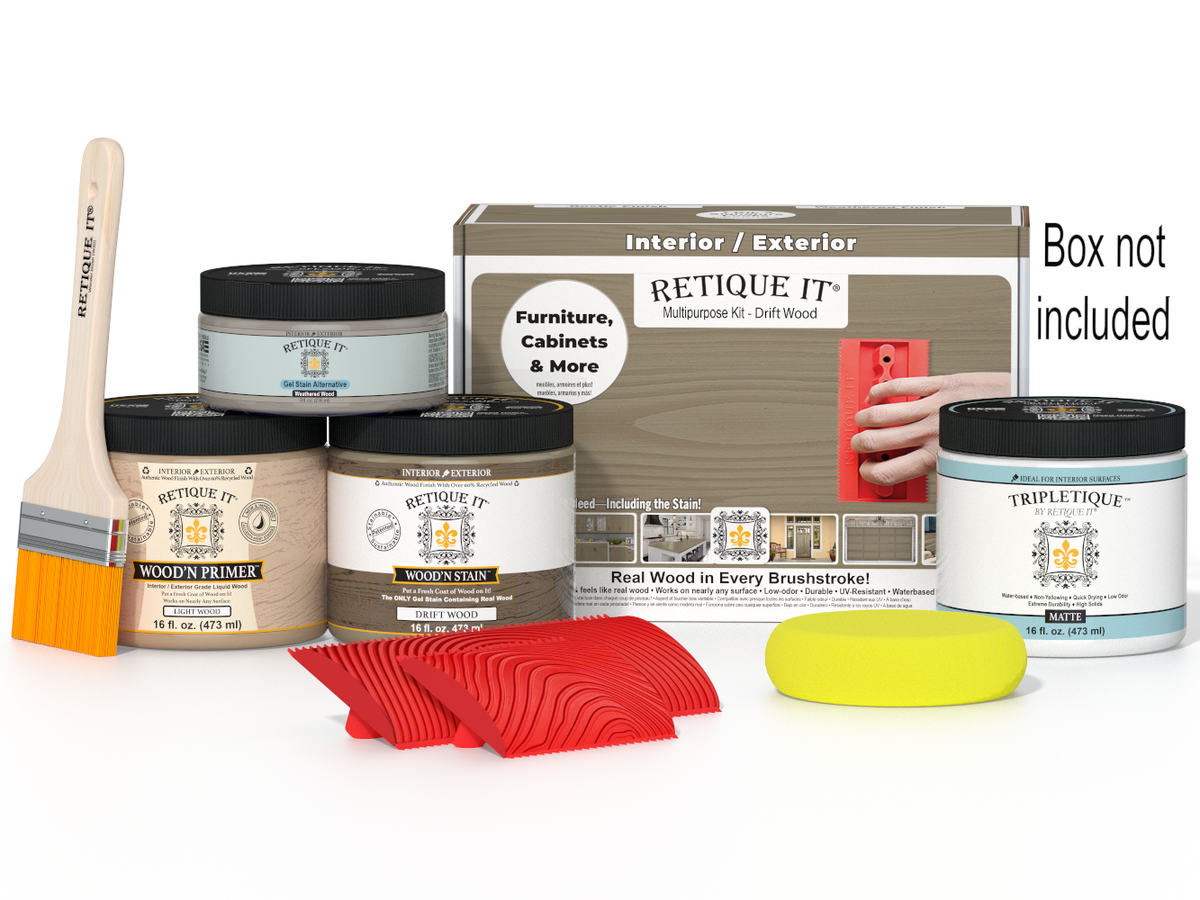 Retique It® Wood'n Finish Kit in driftwood color with interior top coat for multi-purpose wood finishing, shown in the box.