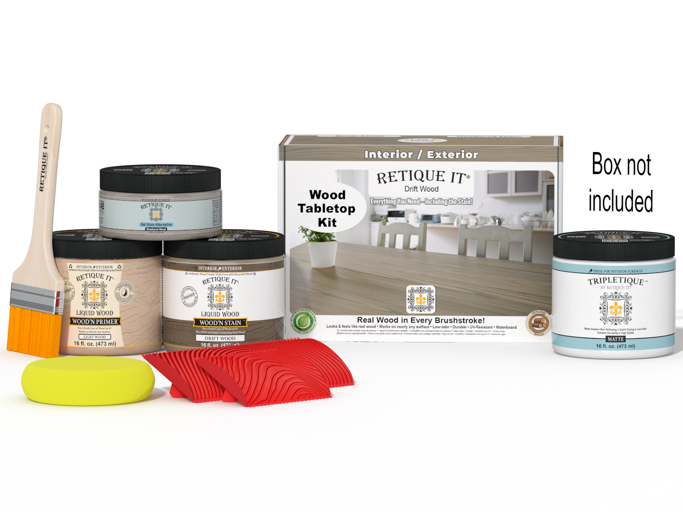 Retique It Wood'n Finish Kit in Drift Wood for tabletops, showing stain bottles and wooden surface for furniture finishing.