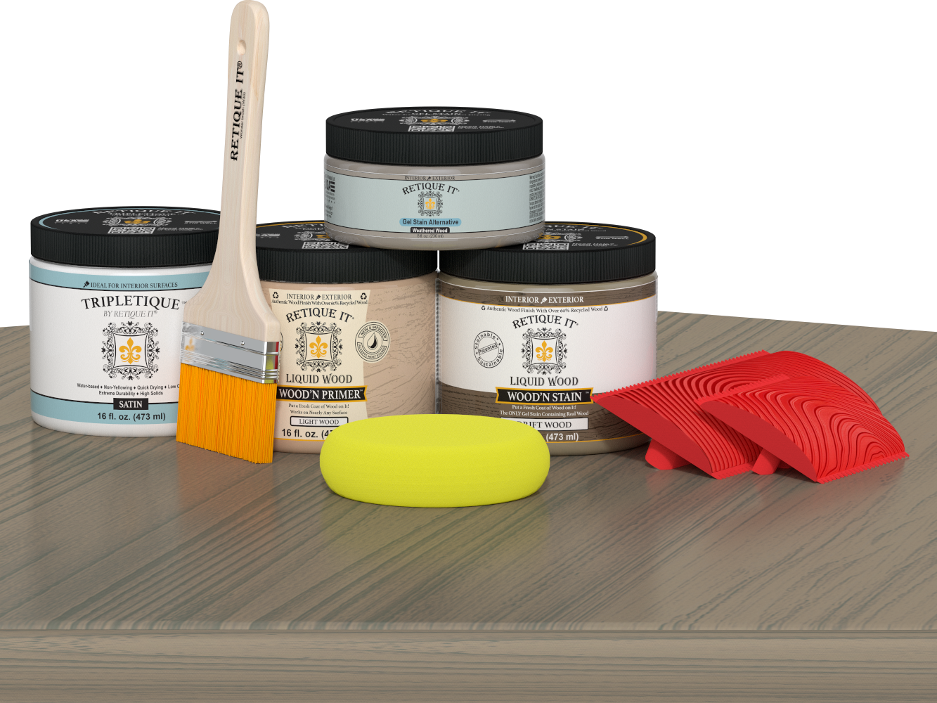 Retique It Wood'n Finish Kit in Drift Wood stain displayed on a table, showcasing a double-size stain kit for wood finishing projects.