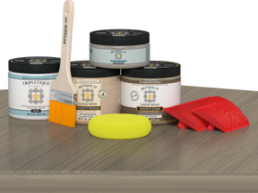 Retique It® Drift Wood countertop kit stain on a kitchen island with natural wood grain finish, ideal for kitchen renovation projects.