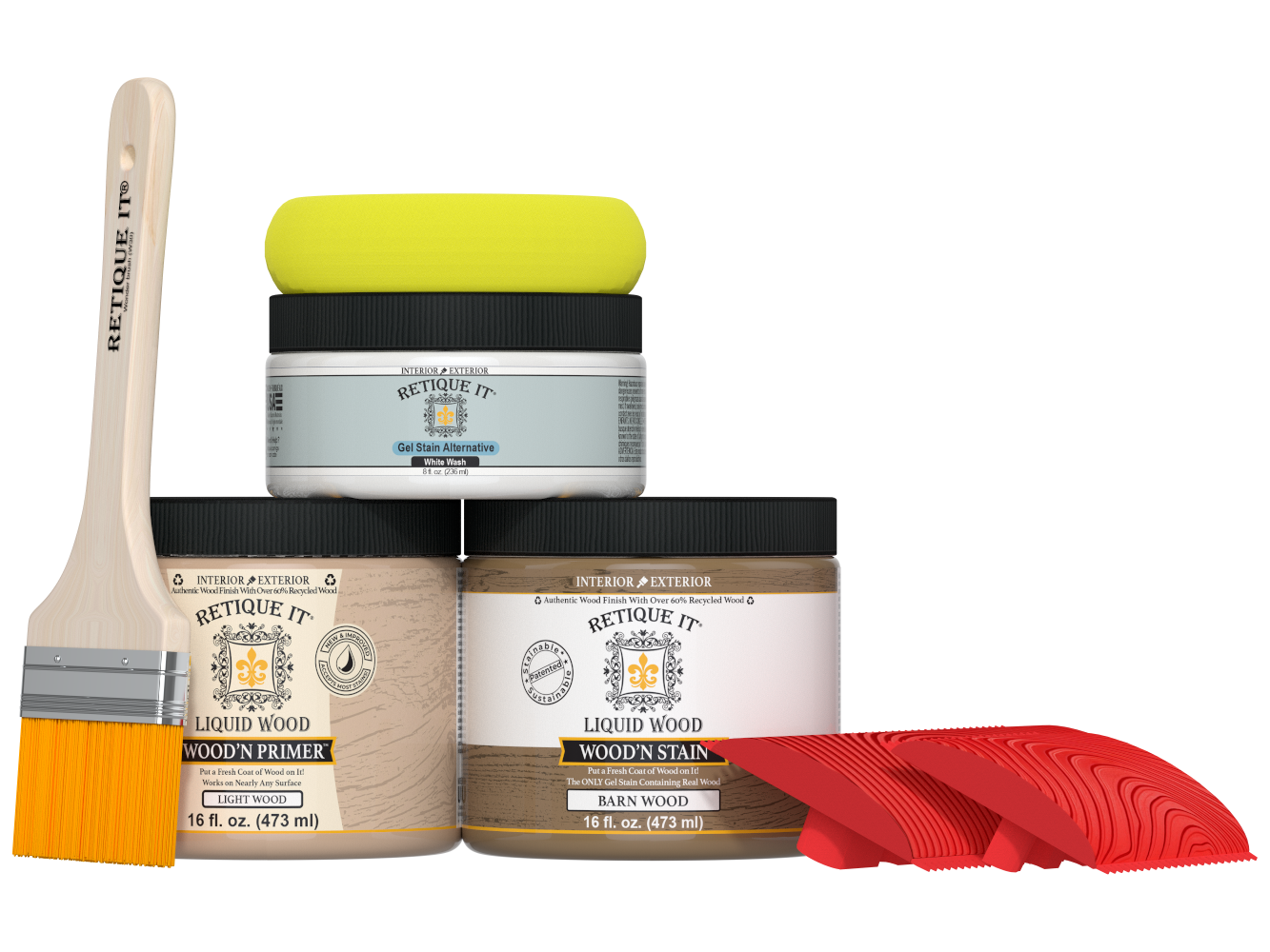 Retique It® Multi-purpose Wood'n Kit in French Oak for interior top coat, featuring wood finish applicator and sample wood surface.
