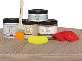 Multi-purpose Wood'n Kit Med French Oak exterior top coat by Retique It® displayed on a table, showing wood finish and application tools.