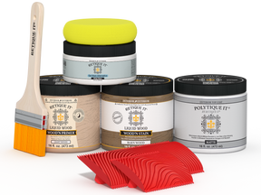 Retique It® Wood'n Finish Kit in French Oak for exterior use, includes top coat and application tools.