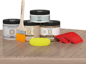 Retique It® Wood'n Kit in French Oak for exterior top coat, shown with wood finish components on a table.