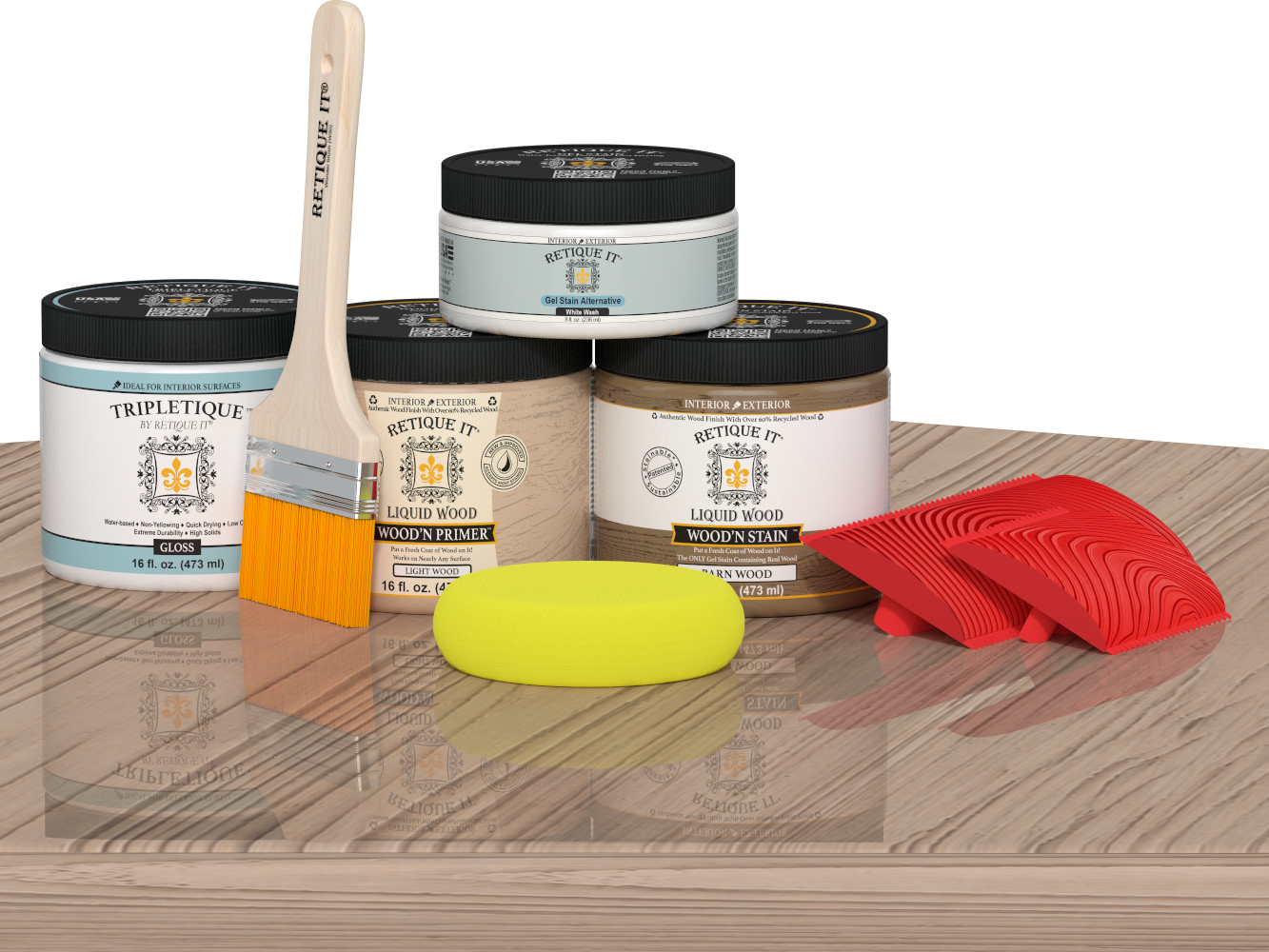Retique It Wood'n Finish Kit in French Oak for tabletops, featuring stain bottles and application tools on a wooden surface.