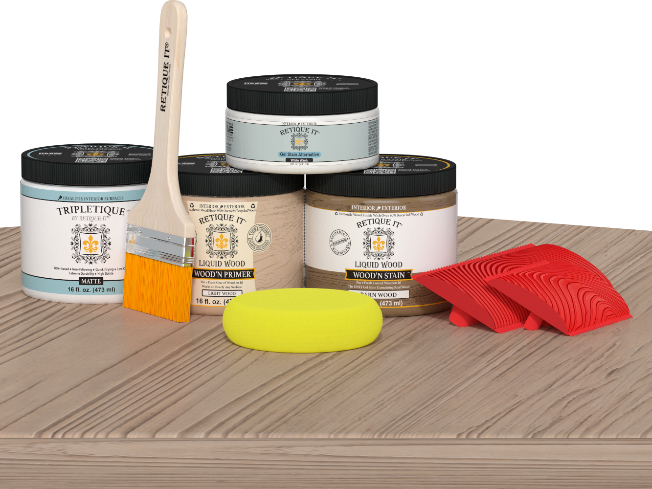 Retique It® French Oak countertop kit with stain, shown on a kitchen island, highlighting wood grain and natural oak finish.