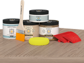 Retique It® French Oak countertop kit with stain, shown on a kitchen island, highlighting wood grain and natural oak finish.