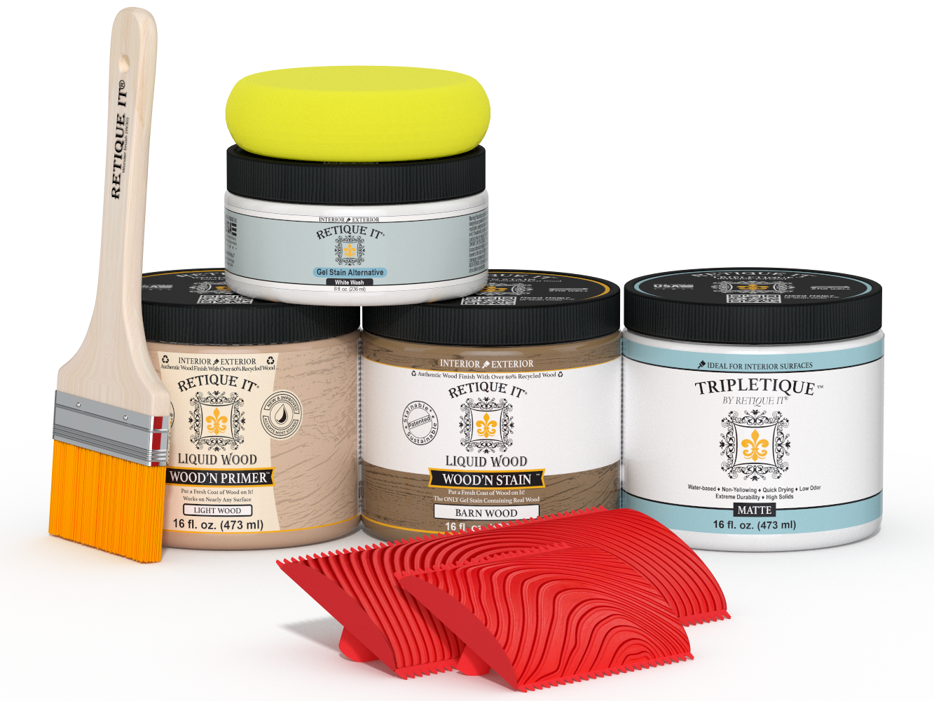 Retique It® French Oak countertop stain kit for kitchen islands, showing sample stain color and application on wood surface.