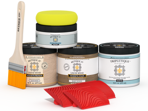 Retique It® French Oak countertop stain kit for kitchen islands, showing sample stain color and application on wood surface.