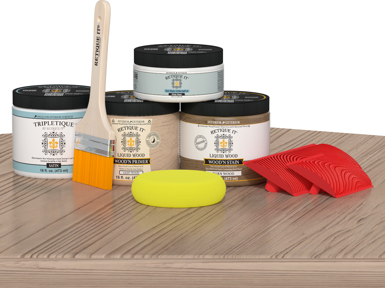Retique It® Wood'n Finish Kit in French Oak for interior top coat, featuring a multi-purpose wood finish set on a table.