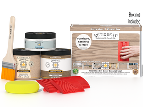 Multi-purpose Wood'n Kit in French oak by Retique It® showing a box with wood finish supplies for furniture restoration.