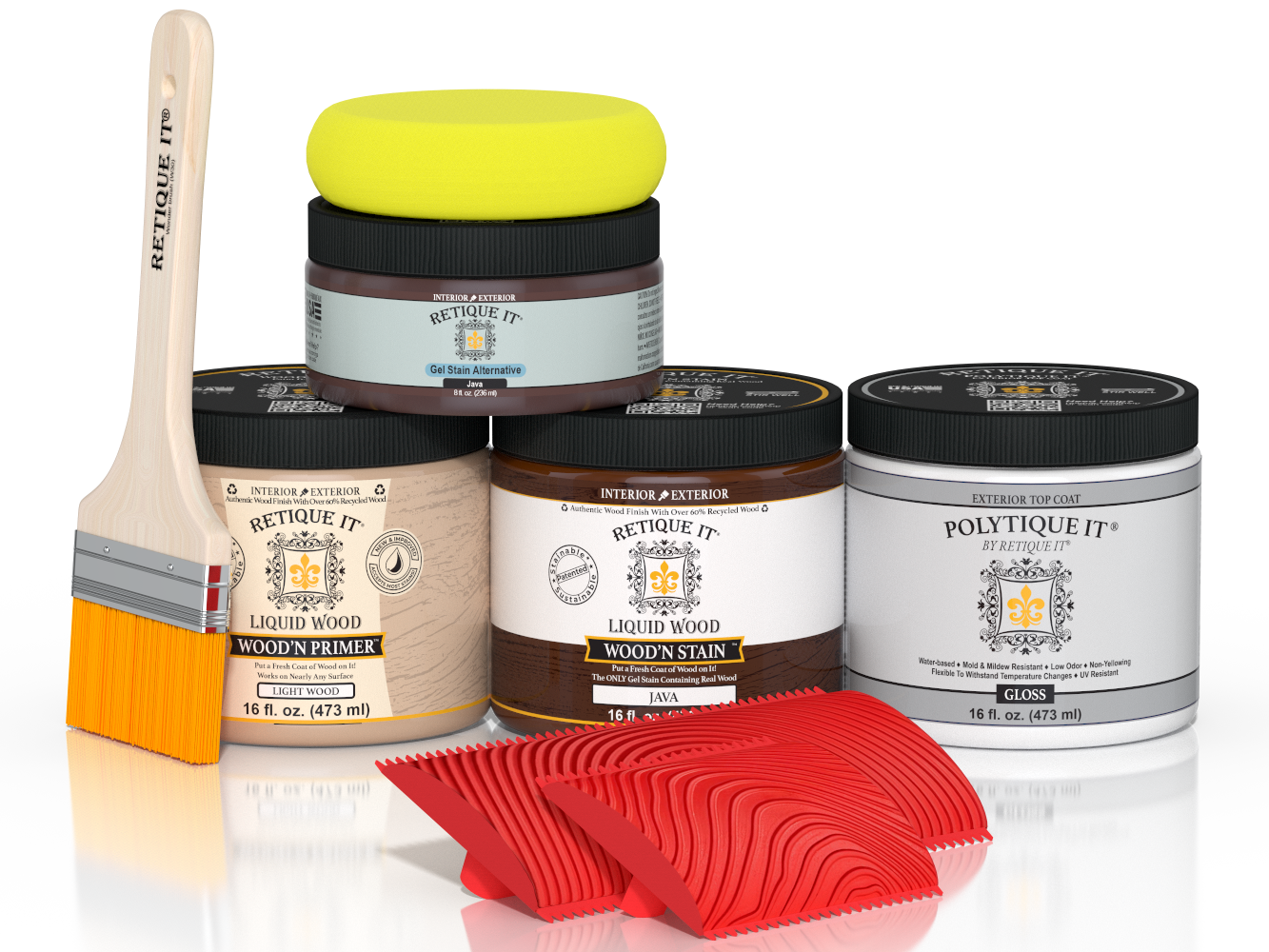 Glossy Java-colored wood finish kit by Retique It® for exterior top coating, includes wood treatment and application tools.