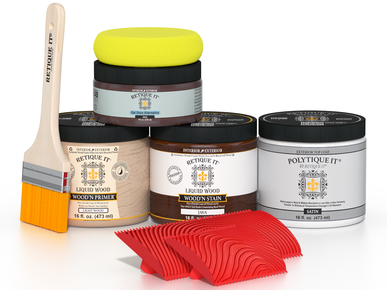 Retique It® Wood'n Finish Kit in Java for exterior wood surfaces, includes satin top coat and applicator plate.