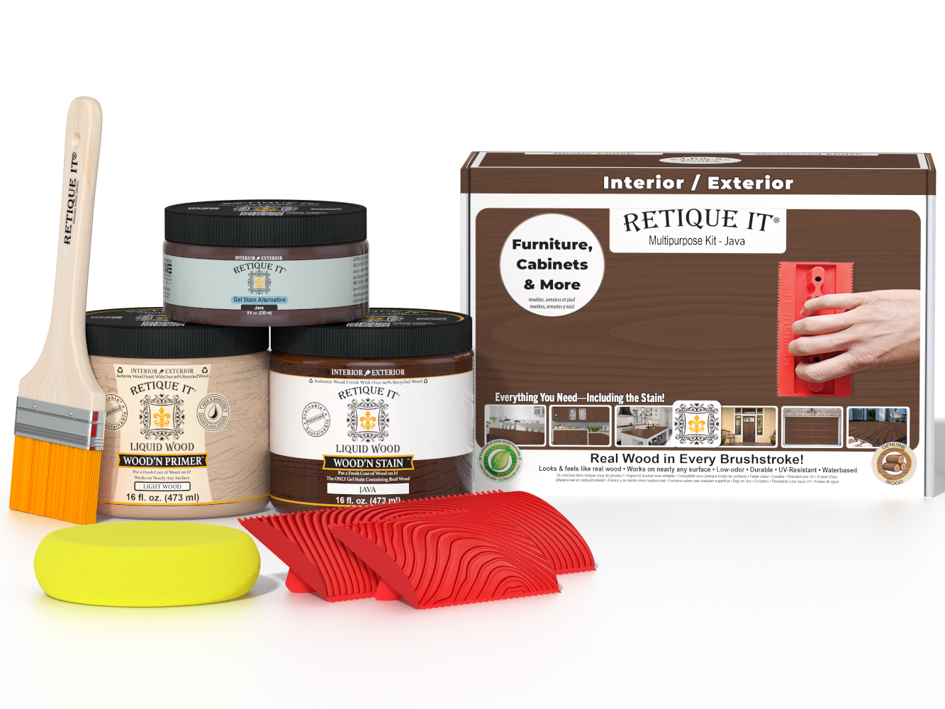 Multi-purpose Wood'n Kit (Med) Java by Retique It® with wood finish tools and supplies for wood refinishing projects.