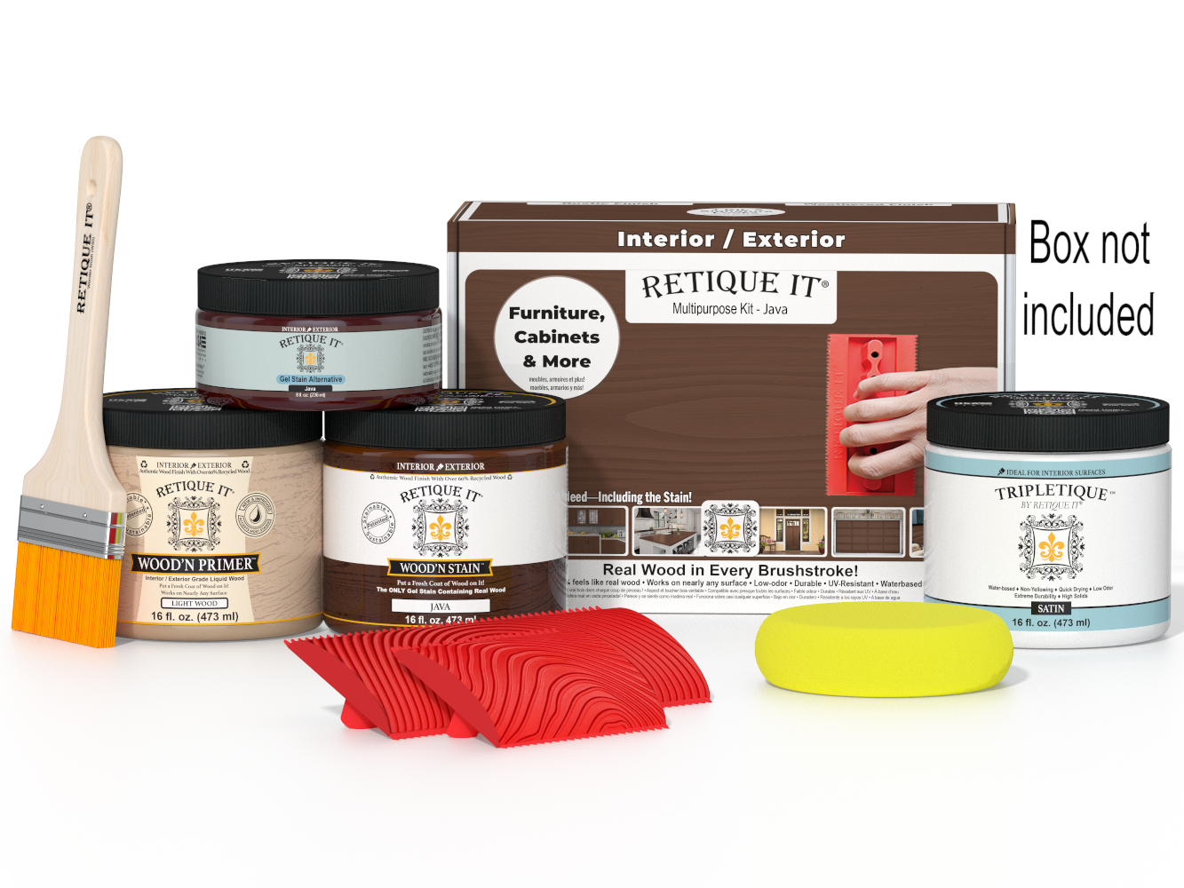 Retique It® Wood'n Finish Kit Java interior top coat in a box, including wood finish supplies for multi-purpose use.