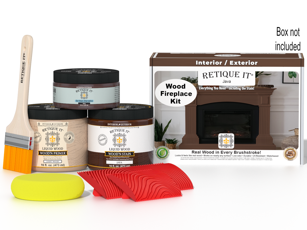 Retique It® Fireplace Wood'n Finish Kit in Java stain, featuring a full fireplace with stain application and finishing materials.