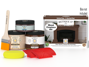 Retique It® Fireplace Wood'n Finish Kit in Java stain, featuring a full fireplace with stain application and finishing materials.