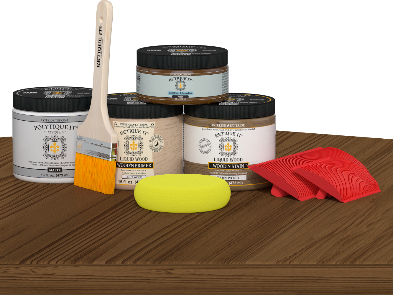Retique It® Wood'n Finish Kit in Modern Walnut for exterior projects, with wood topcoat and application palette on a table.