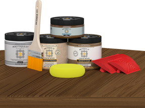 Retique It® Wood'n Finish Kit in Modern Walnut for exterior projects, with wood topcoat and application palette on a table.