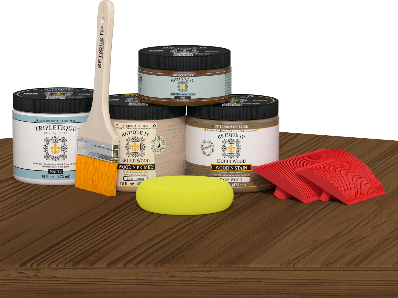 Multi-purpose Wood'n Kit in Modern Walnut by Retique It® on a table, featuring interior topcoat for wood finishing projects.