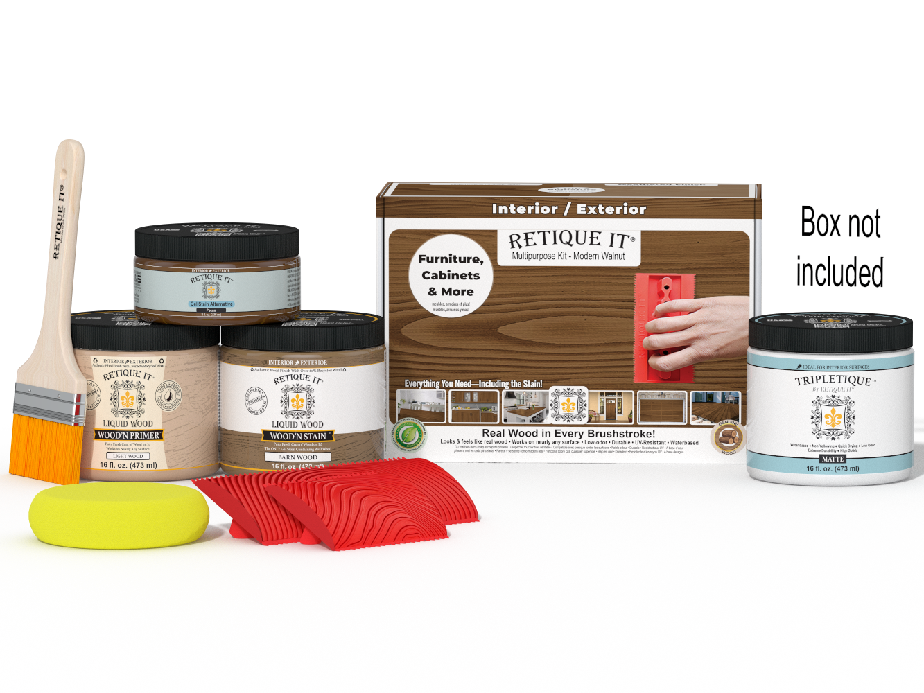 Retique It® Multi-purpose Wood'n Kit in Modern Walnut with interior topcoat, includes tools and finish for wood projects.