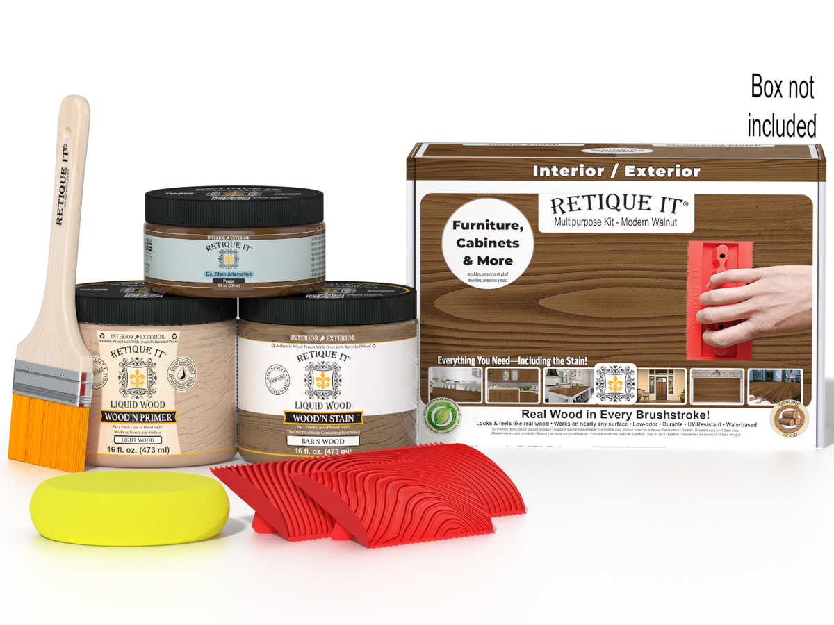 Retique It® Wood'n Finish Kit in Modern Walnut for multi-purpose wood finishing, includes box with tools and supplies.