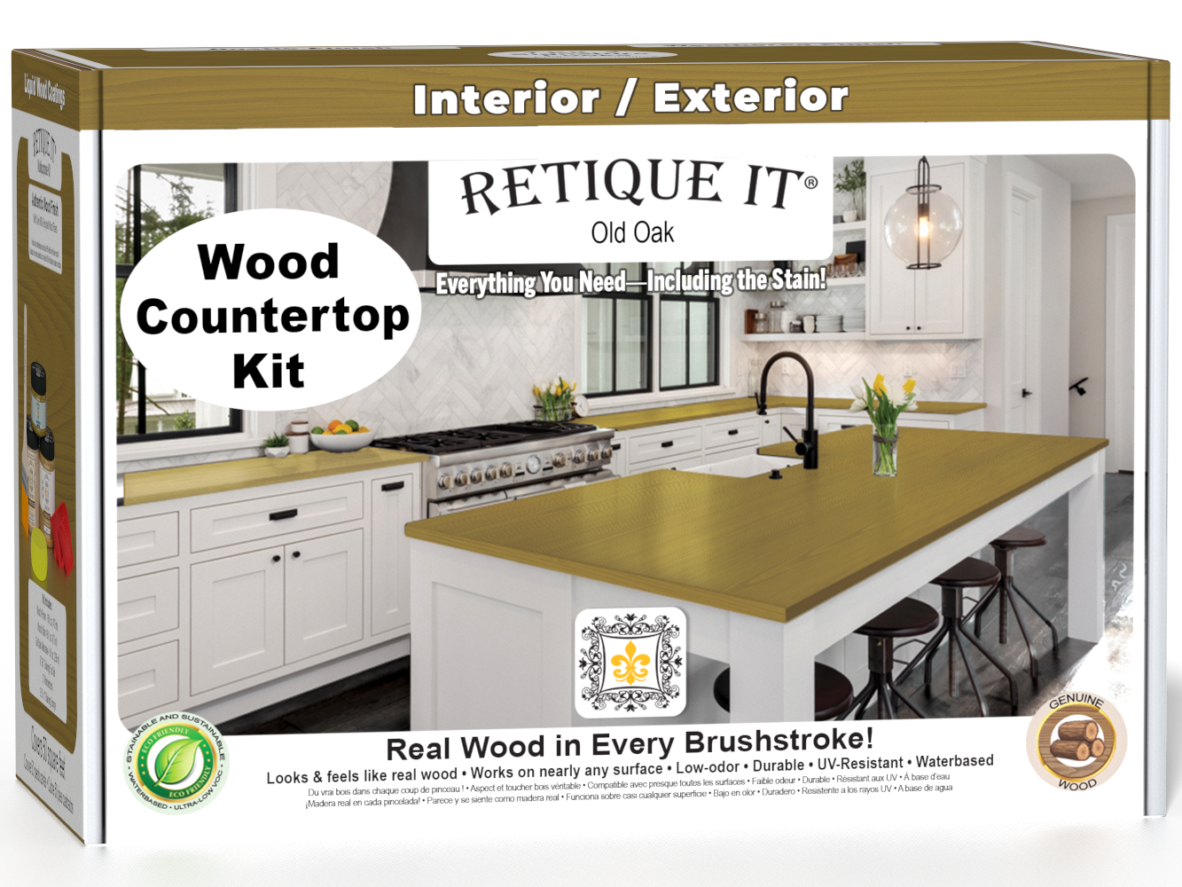 Retique It® Old Oak countertop kit for kitchen islands with stain finish, shown in a 3D view highlighting the wood grain and staining details.