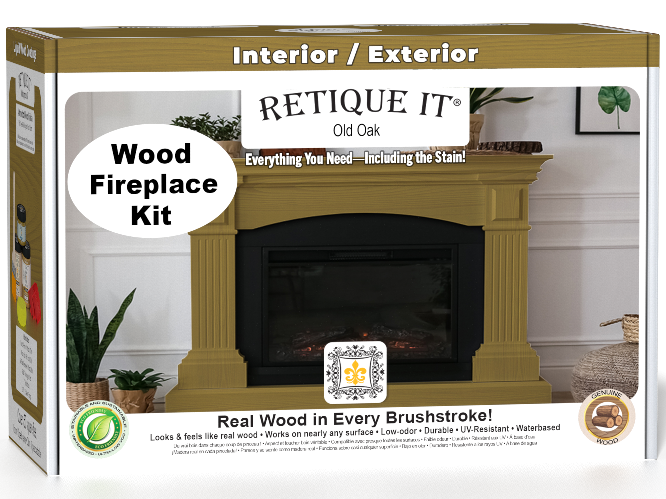 Retique It® Fireplace Wood'n Finish Kit in Old Oak stain, including stain bottles and application tools for full fireplace renovation.