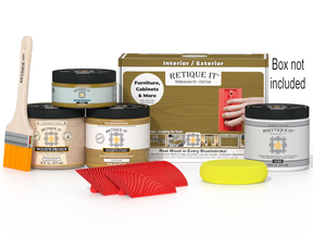 Retique It® Wood'n Finish Kit in Old Oak for exterior top coating, includes brushes and supplies in a boxed set.