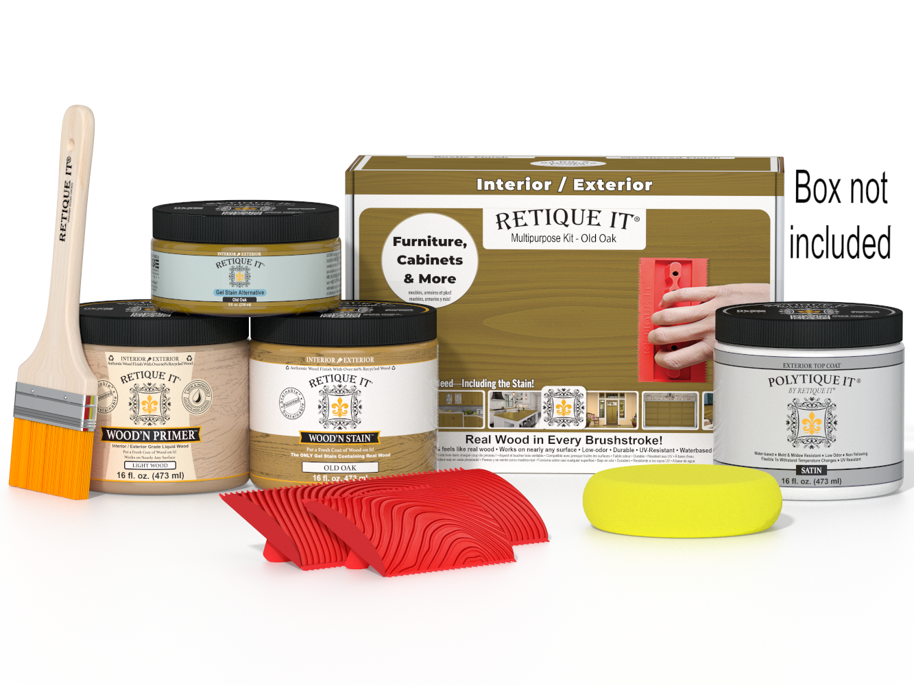 Retique It® Wood'n Kit in Old Oak for exterior wood finishing, featuring multi-purpose wood finish and top coat in a compact box.