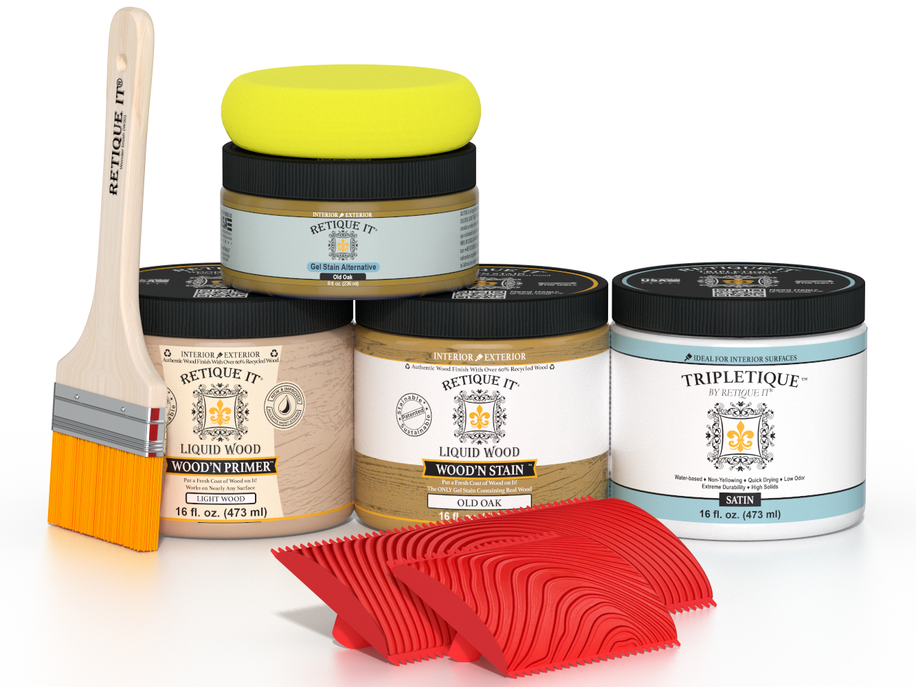 Retique It® Wood'n Finish Kit in Old Oak with satin top coat, showing application tools and wood finish sample.