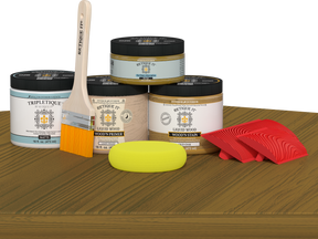 Retique It® Wood'n Finish Kit in Old Oak stain, double size, displayed on a table, showcasing wood stain application.