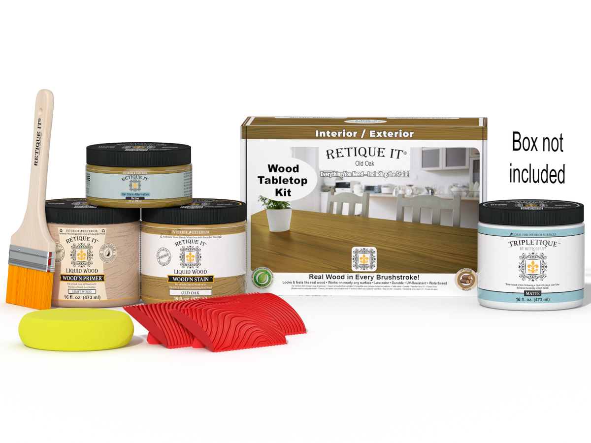 Retique It® Wood'n Finish Kit for tabletops in Old Oak stain, includes stain and finishing supplies in double size packaging
