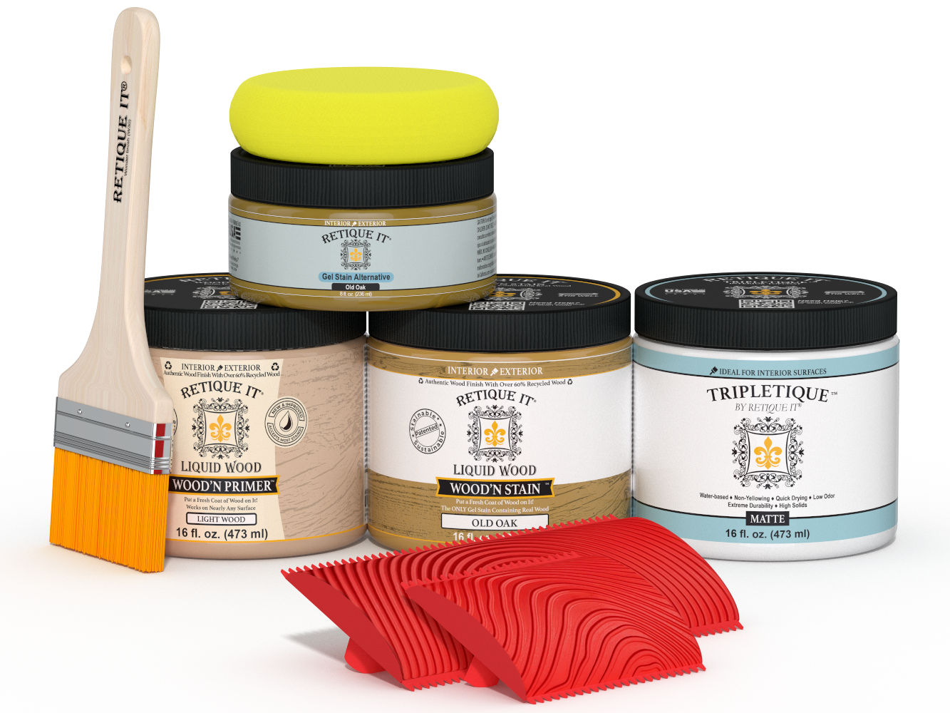 Retique It® Old Oak stain kit for kitchen island countertop, featuring wood grain and stain application tools.
